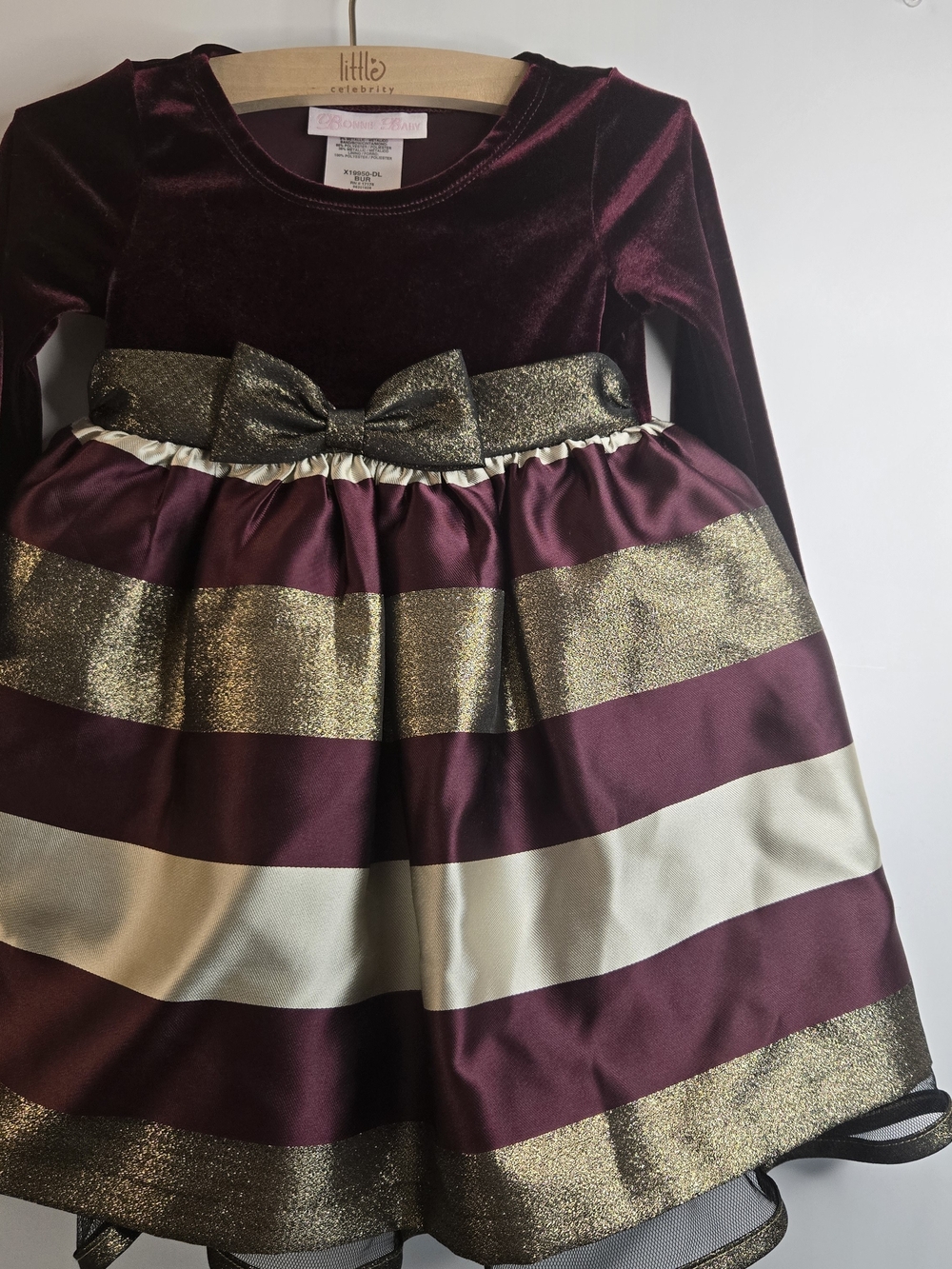 Bonnie Baby Burgundy, Gold and Cream Striped Holiday Dress